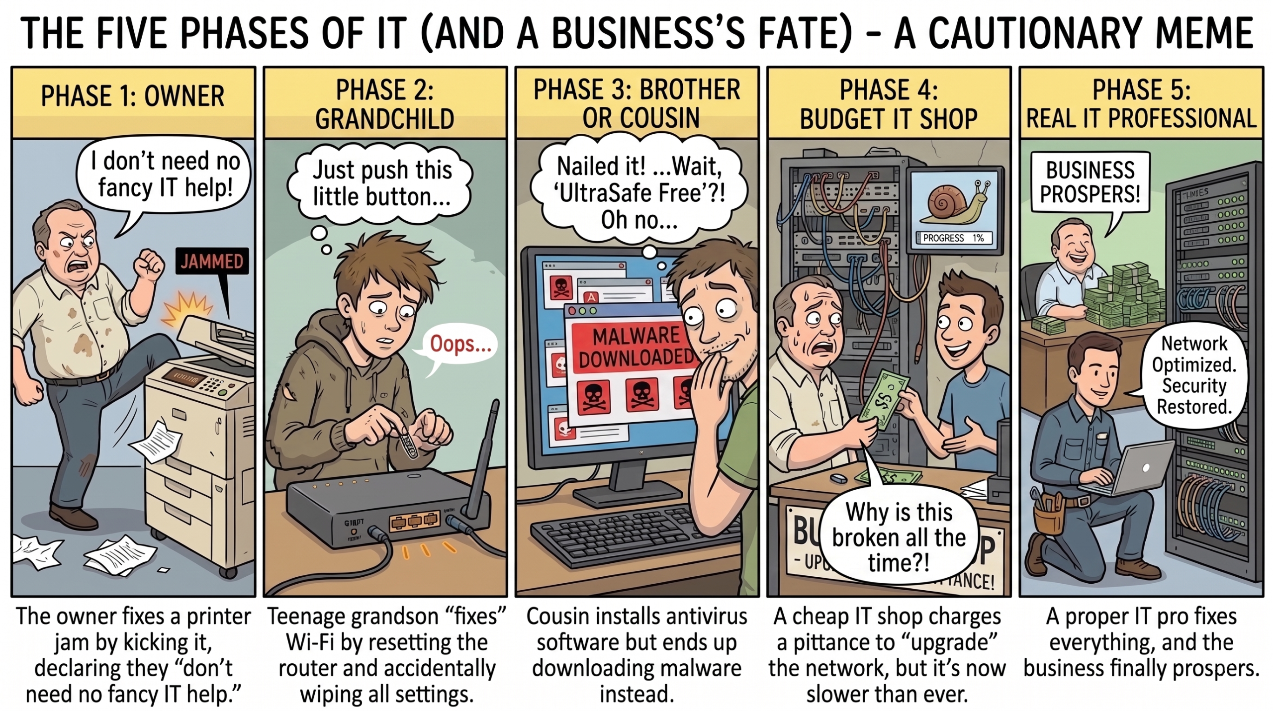 a meme comic depicting: Phase of IT IT Support Scenario 1 Owner The owner fixes a printer jam by kicking it, declaring they “don’t need no fancy IT help.” 2 Brother/Grandson Teenage grandson “fixes” Wi-Fi by resetting the router and accidentally wiping all settings. 3 Cousin Cousin installs antivirus software but ends up downloading malware instead. 4 Budget IT Shop A cheap IT shop charges a pittance to “upgrade” the network, but it’s now slower than ever. 5 Real IT Professional A proper IT pro fixes everything, and the business finally prospers.